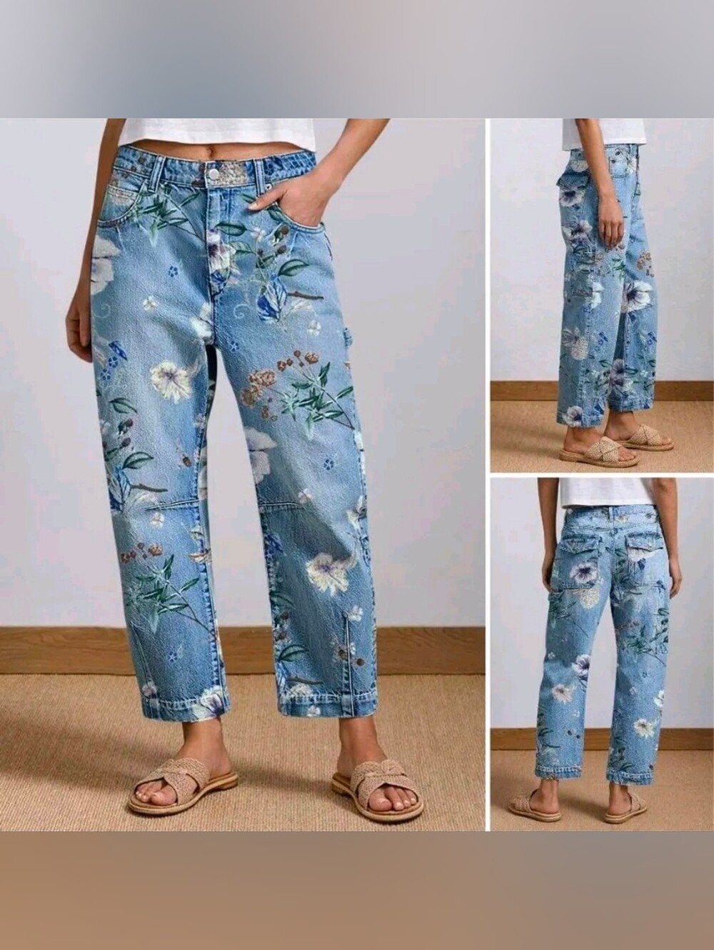 Flamingals Floral Print Barrel Cropped Jeans